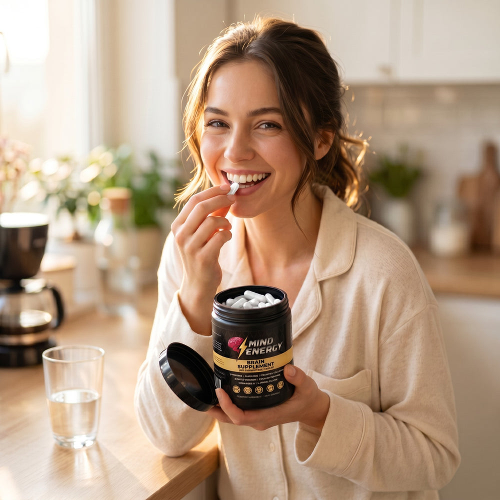 Customer taking a Natural Mind Energy capsule in the morning routine